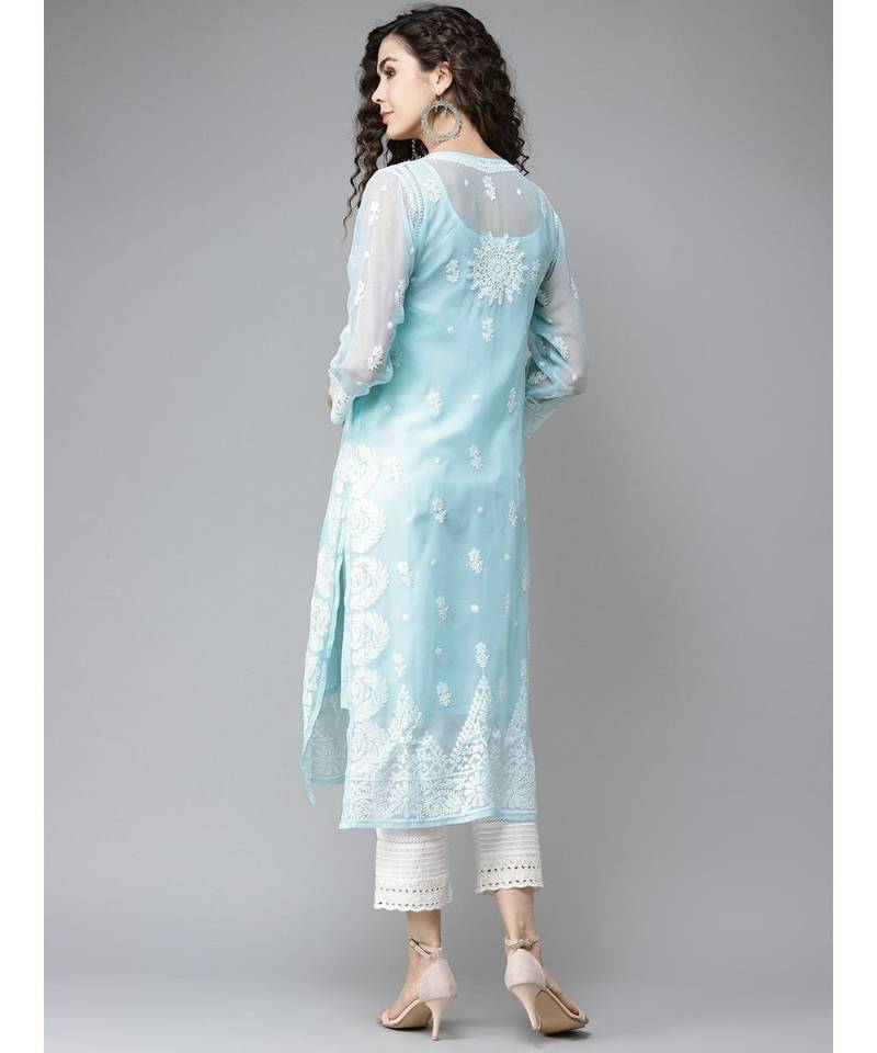 Ada Hand Embroidered Blue Georgette Lucknow Chikankari Women Kurta With Slip - A411200