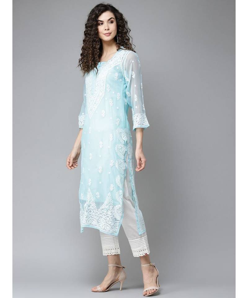 Ada Hand Embroidered Blue Georgette Lucknow Chikankari Women Kurta With Slip - A411200