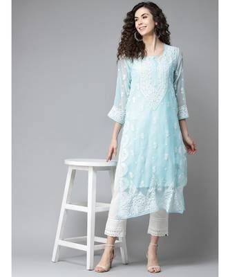 Ada Hand Embroidered Blue Georgette Lucknow Chikankari Women Kurta With Slip - A411200 4