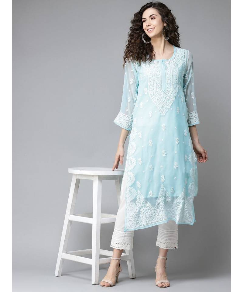 Ada Hand Embroidered Blue Georgette Lucknow Chikankari Women Kurta With Slip - A411200