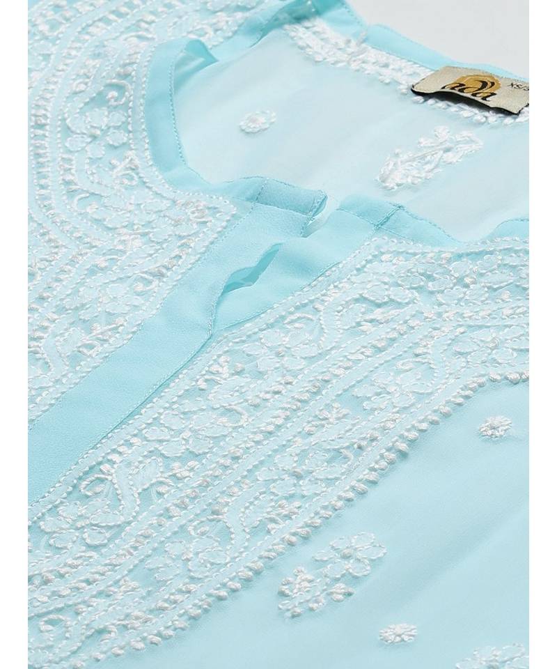 Ada Hand Embroidered Blue Georgette Lucknow Chikankari Women Kurta With Slip - A411200