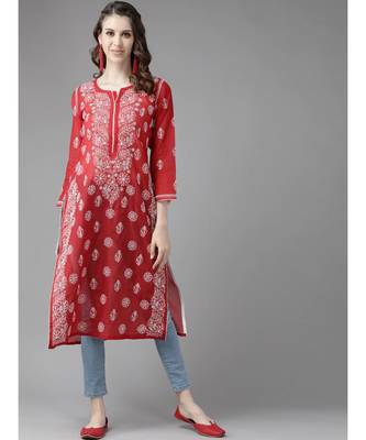 Ada Hand Embroidered Red Chanderi Lucknowi Chikan Women Kurta - A411178 1