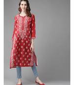 Ada Hand Embroidered Red Chanderi Lucknowi Chikan Women Kurta - A411178