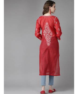 Ada Hand Embroidered Red Chanderi Lucknowi Chikan Women Kurta - A411178 2