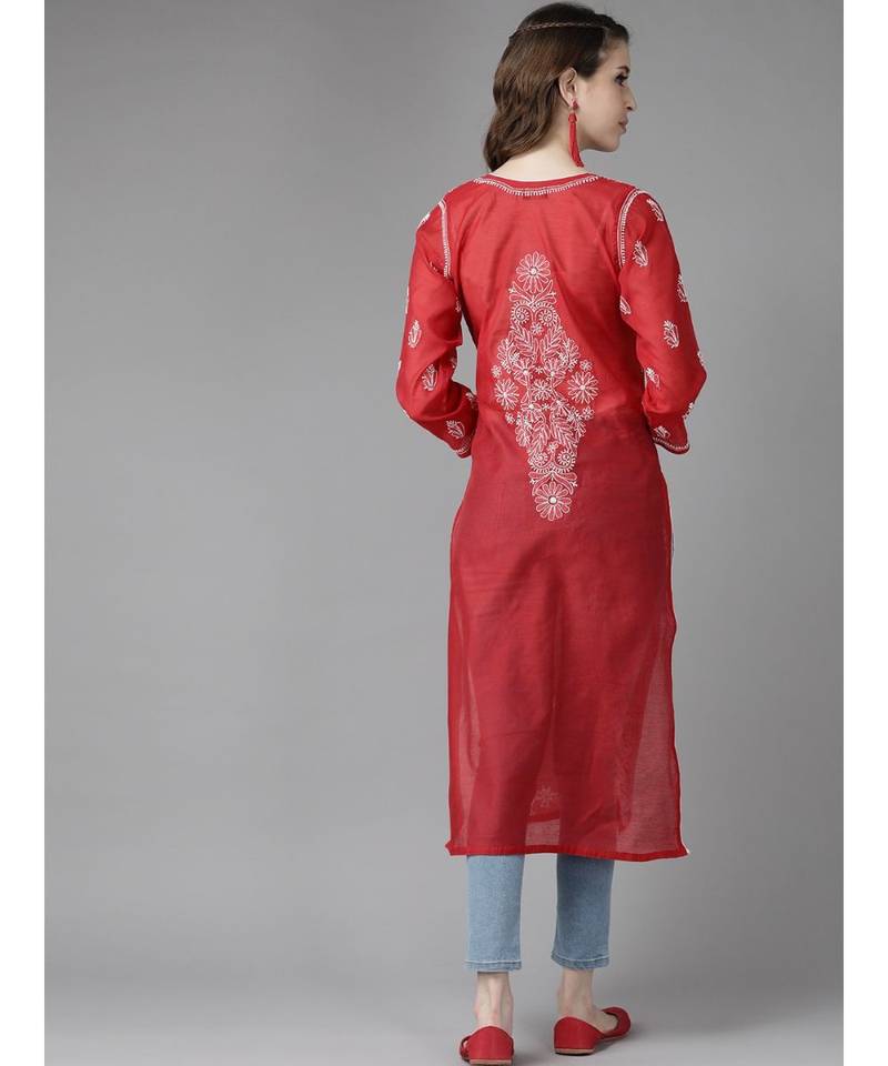 Ada Hand Embroidered Red Chanderi Lucknowi Chikan Women Kurta - A411178
