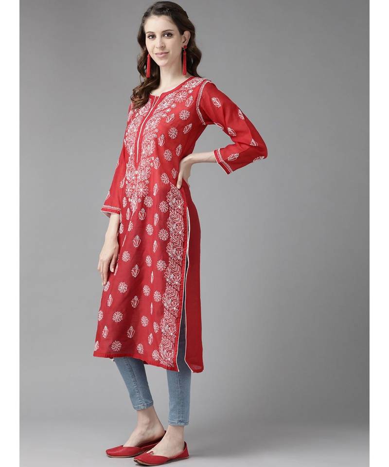 Ada Hand Embroidered Red Chanderi Lucknowi Chikan Women Kurta - A411178