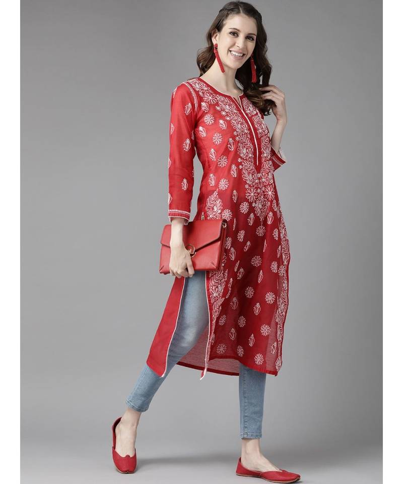 Ada Hand Embroidered Red Chanderi Lucknowi Chikan Women Kurta - A411178