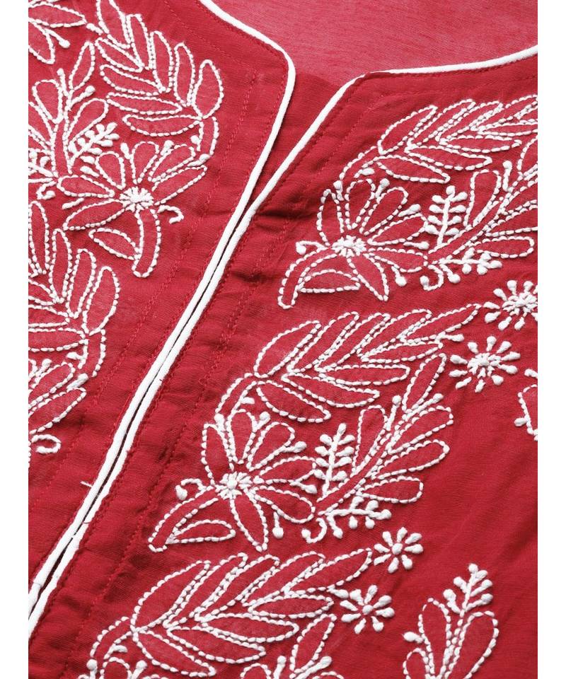 Ada Hand Embroidered Red Chanderi Lucknowi Chikan Women Kurta - A411178