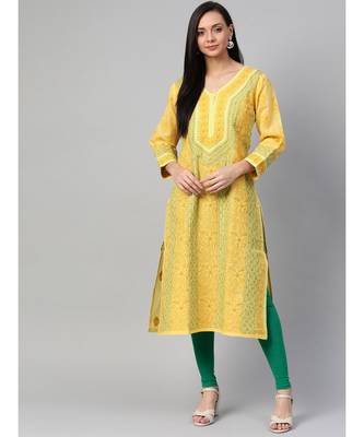 Ada Hand Embroidered Yellow Cotton Lucknow Chikan Kurta 1