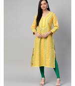 Ada Hand Embroidered Yellow Cotton Lucknow Chikan Kurta