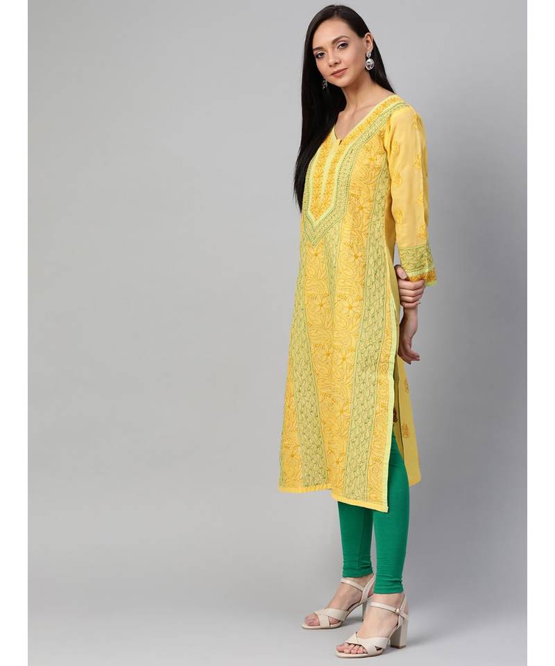 Ada Hand Embroidered Yellow Cotton Lucknow Chikan Kurta