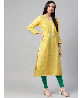 Ada Hand Embroidered Yellow Cotton Lucknow Chikan Kurta 3