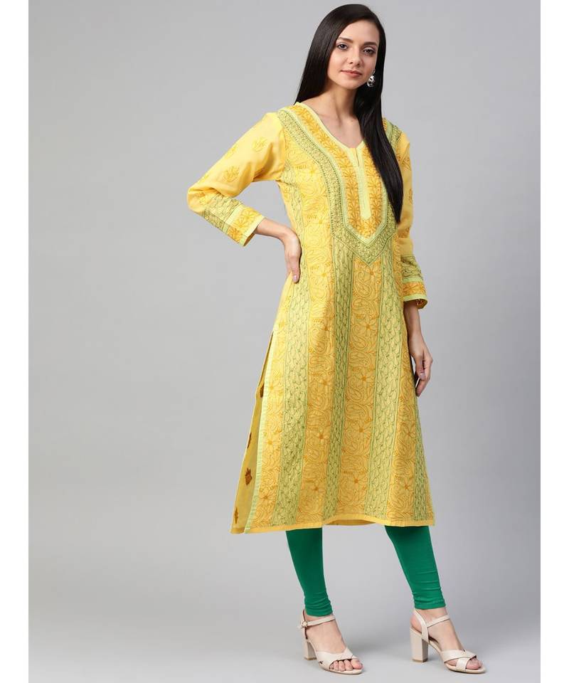 Ada Hand Embroidered Yellow Cotton Lucknow Chikan Kurta