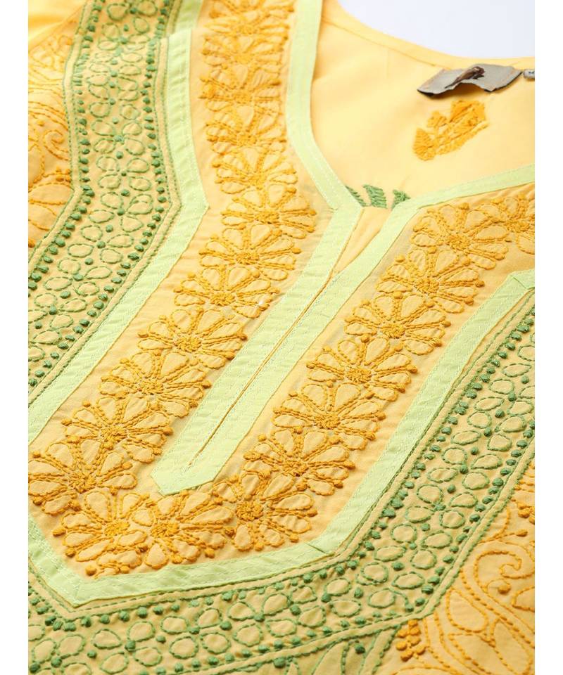 Ada Hand Embroidered Yellow Cotton Lucknow Chikan Kurta