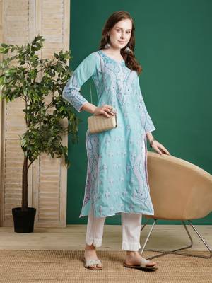 Hand Embroidered Blue Cotton Lucknow Chikankari Women Kurta 1