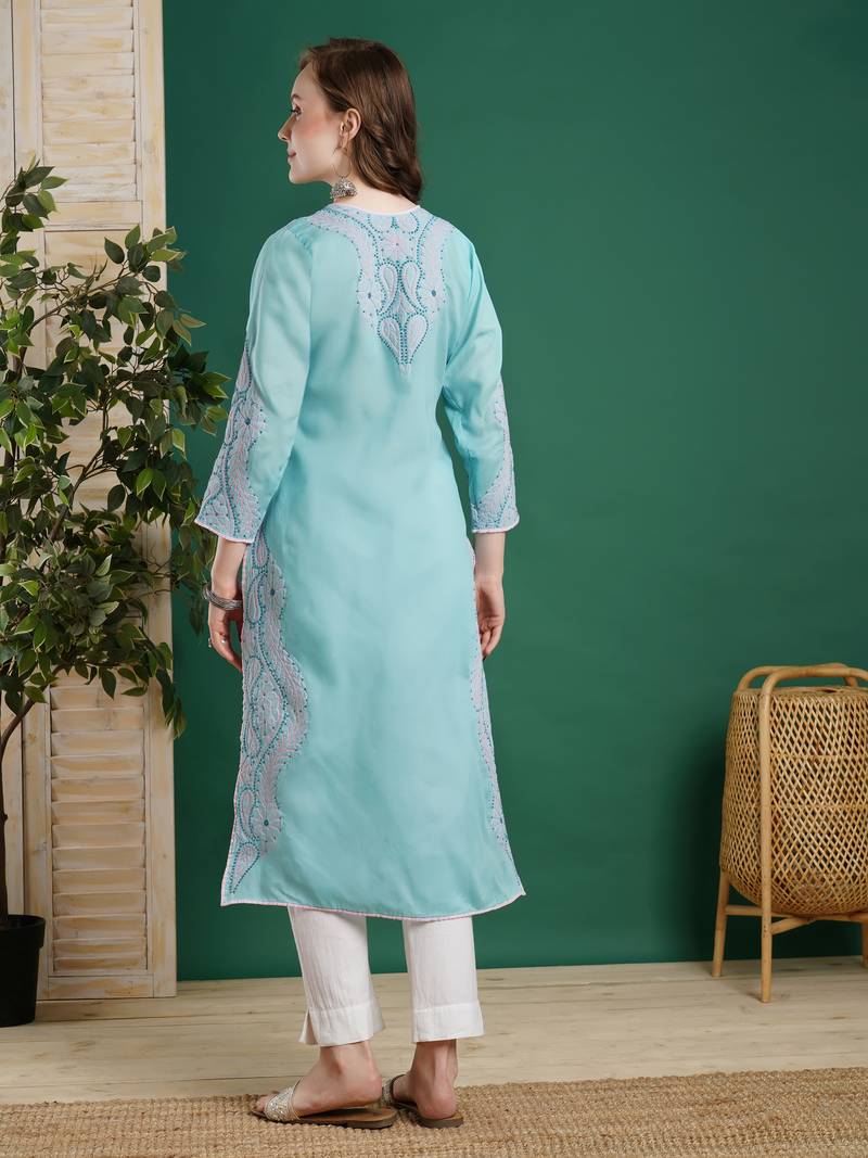 Hand Embroidered Blue Cotton Lucknow Chikankari Women Kurta