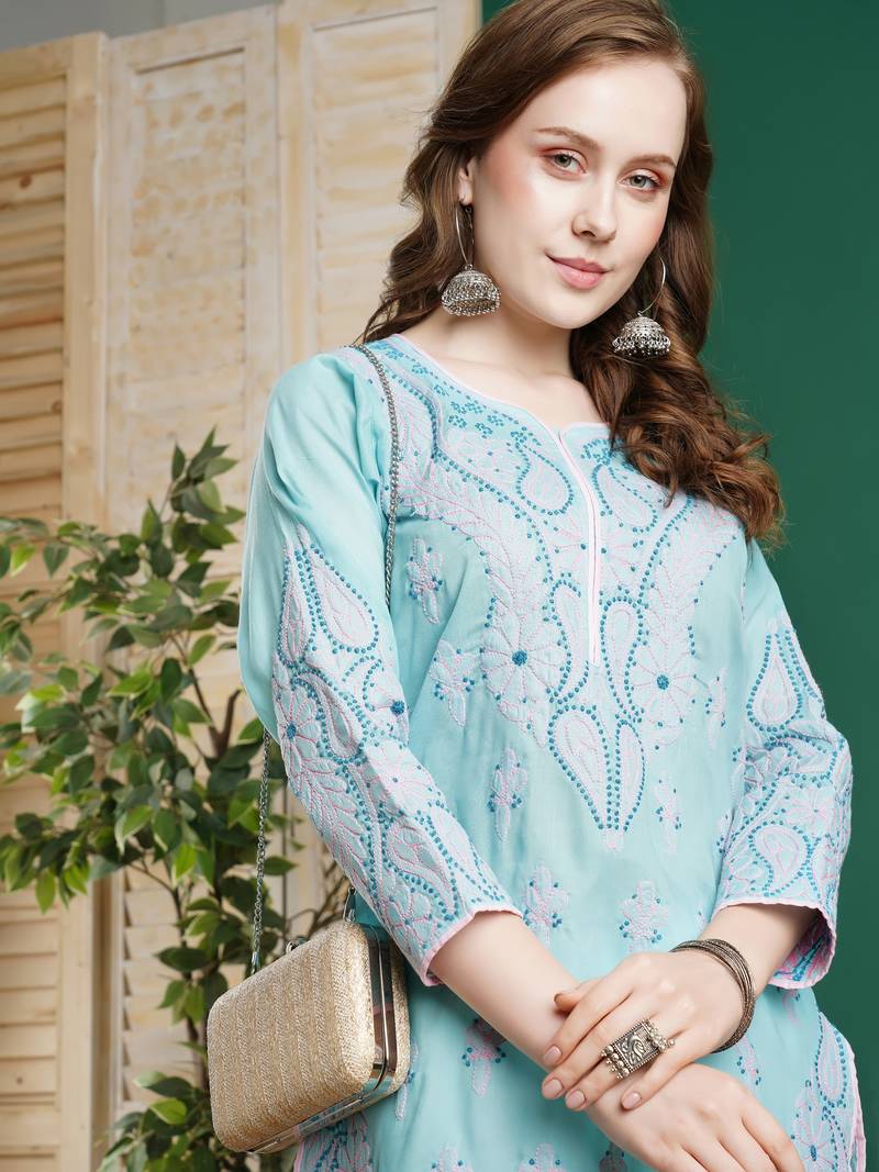 Hand Embroidered Blue Cotton Lucknow Chikankari Women Kurta