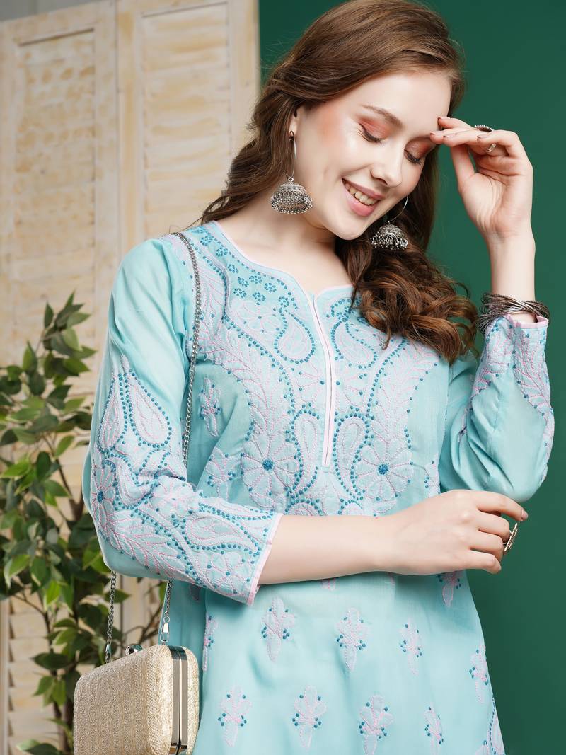 Hand Embroidered Blue Cotton Lucknow Chikankari Women Kurta