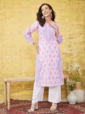 Hand Embroidered Pink Cotton Lucknow Chikankari Women Kurta 1