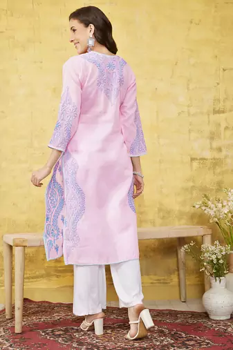 Hand Embroidered Pink Cotton Lucknow Chikankari Women Kurta