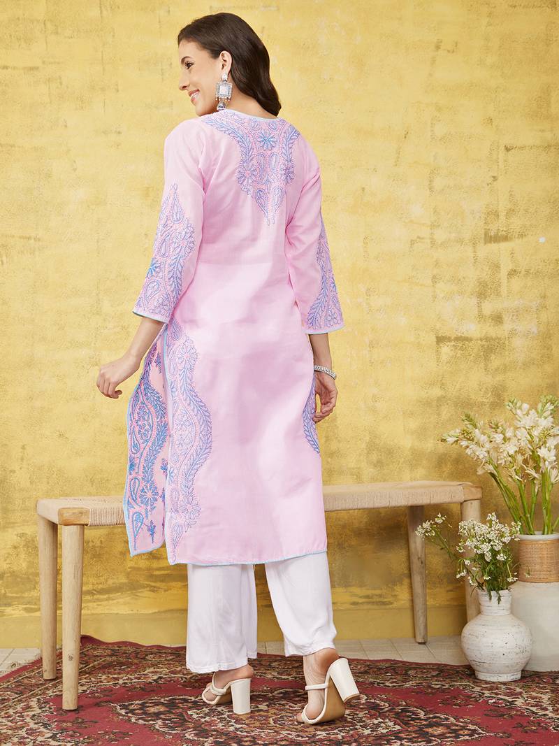 Hand Embroidered Pink Cotton Lucknow Chikankari Women Kurta