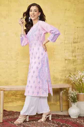Hand Embroidered Pink Cotton Lucknow Chikankari Women Kurta