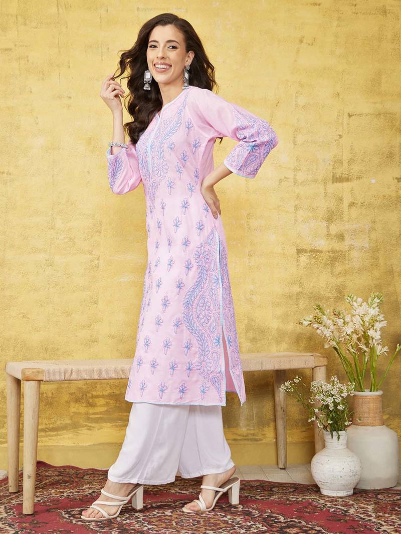 Hand Embroidered Pink Cotton Lucknow Chikankari Women Kurta
