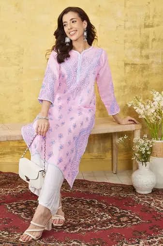 Hand Embroidered Pink Cotton Lucknow Chikankari Women Kurta