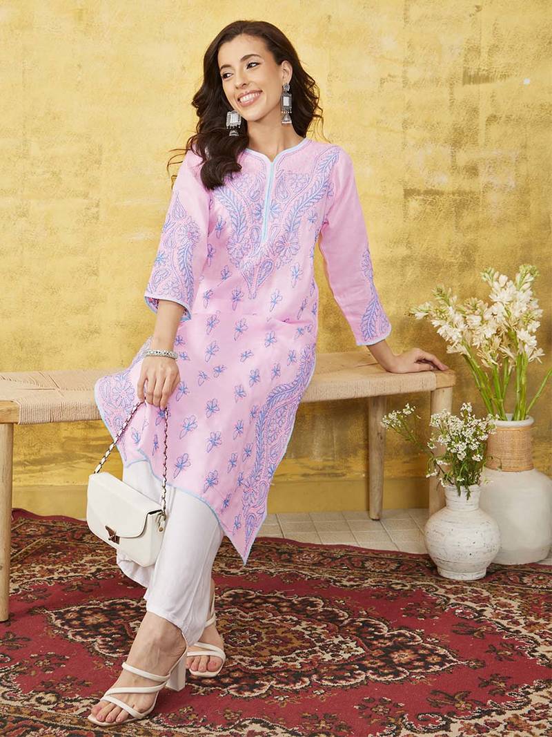 Hand Embroidered Pink Cotton Lucknow Chikankari Women Kurta