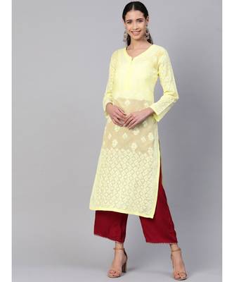 Ada Hand Embroidered Lemon Cotton Lucknow Chikankari Women Kurti - A100379 1
