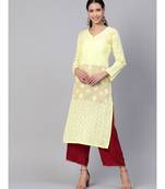 Ada Hand Embroidered Lemon Cotton Lucknow Chikankari Women Kurti - A100379