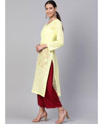 Ada Hand Embroidered Lemon Cotton Lucknow Chikankari Women Kurti - A100379 3