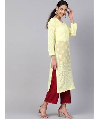 Ada Hand Embroidered Lemon Cotton Lucknow Chikankari Women Kurti - A100379 4