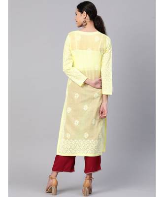 Ada Hand Embroidered Lemon Cotton Lucknow Chikankari Women Kurti - A100379 5