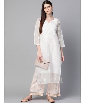 Ada Hand Embroidered White Kota Lucknow Chikankari Women Kurti/Slip With Muqaish Work - A100412 1