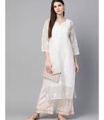 Ada Hand Embroidered White Kota Lucknow Chikankari Women Kurti/Slip With Muqaish Work - A100412