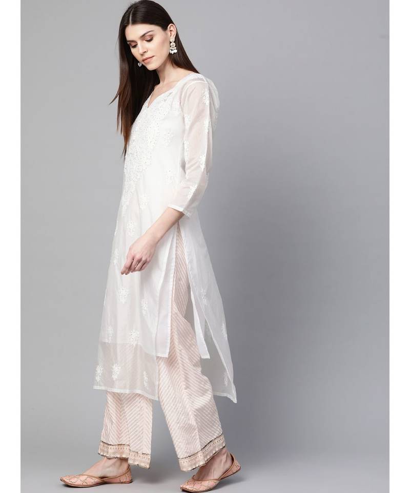 Ada Hand Embroidered White Kota Lucknow Chikankari Women Kurti/Slip With Muqaish Work - A100412