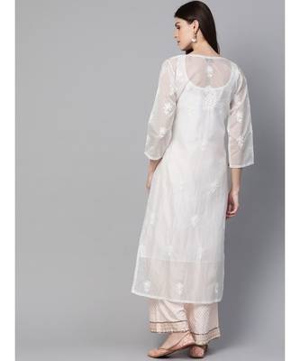 Ada Hand Embroidered White Kota Lucknow Chikankari Women Kurti/Slip With Muqaish Work - A100412 3