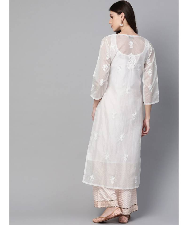 Ada Hand Embroidered White Kota Lucknow Chikankari Women Kurti/Slip With Muqaish Work - A100412