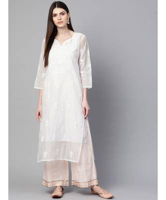 Ada Hand Embroidered White Kota Lucknow Chikankari Women Kurti/Slip With Muqaish Work - A100412 4
