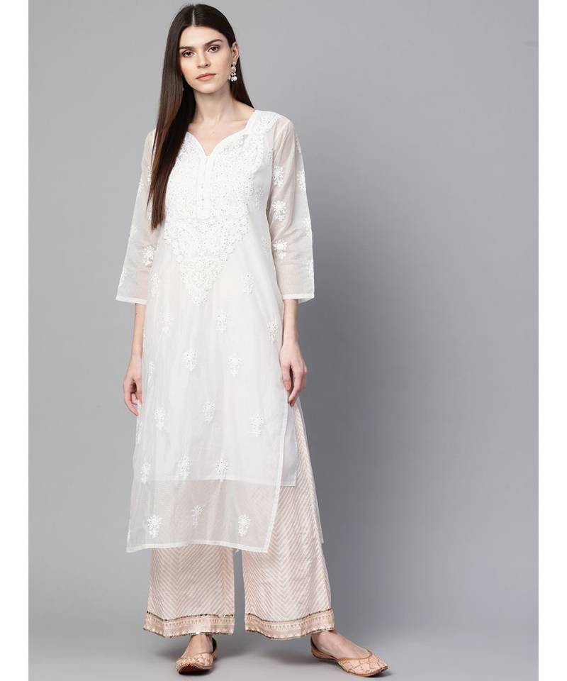 Ada Hand Embroidered White Kota Lucknow Chikankari Women Kurti/Slip With Muqaish Work - A100412