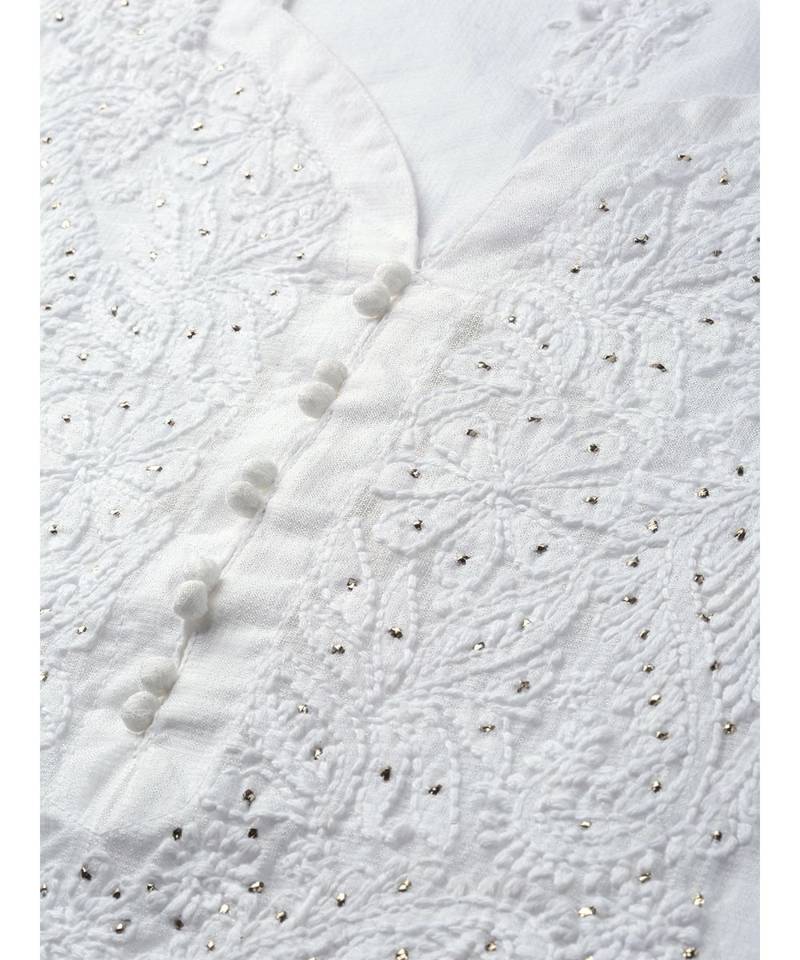Ada Hand Embroidered White Kota Lucknow Chikankari Women Kurti/Slip With Muqaish Work - A100412