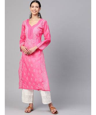 Ada Hand Embroidered Pink Cotton Lucknow Chikankari Women Kurta - A100354 1