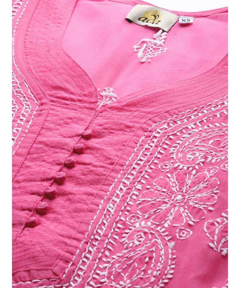 Ada Hand Embroidered Pink Cotton Lucknow Chikankari Women Kurta - A100354