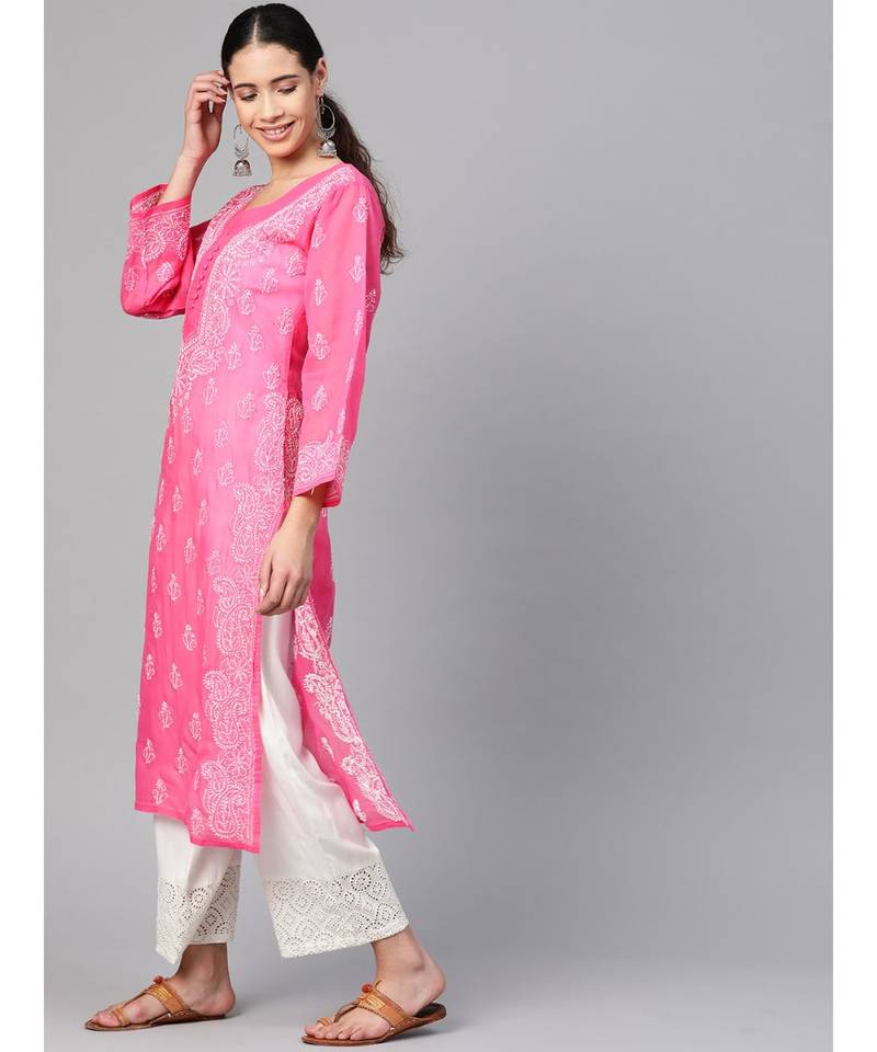 Ada Hand Embroidered Pink Cotton Lucknow Chikankari Women Kurta - A100354