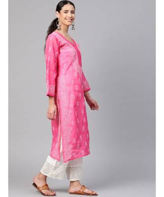 Ada Hand Embroidered Pink Cotton Lucknow Chikankari Women Kurta - A100354 4