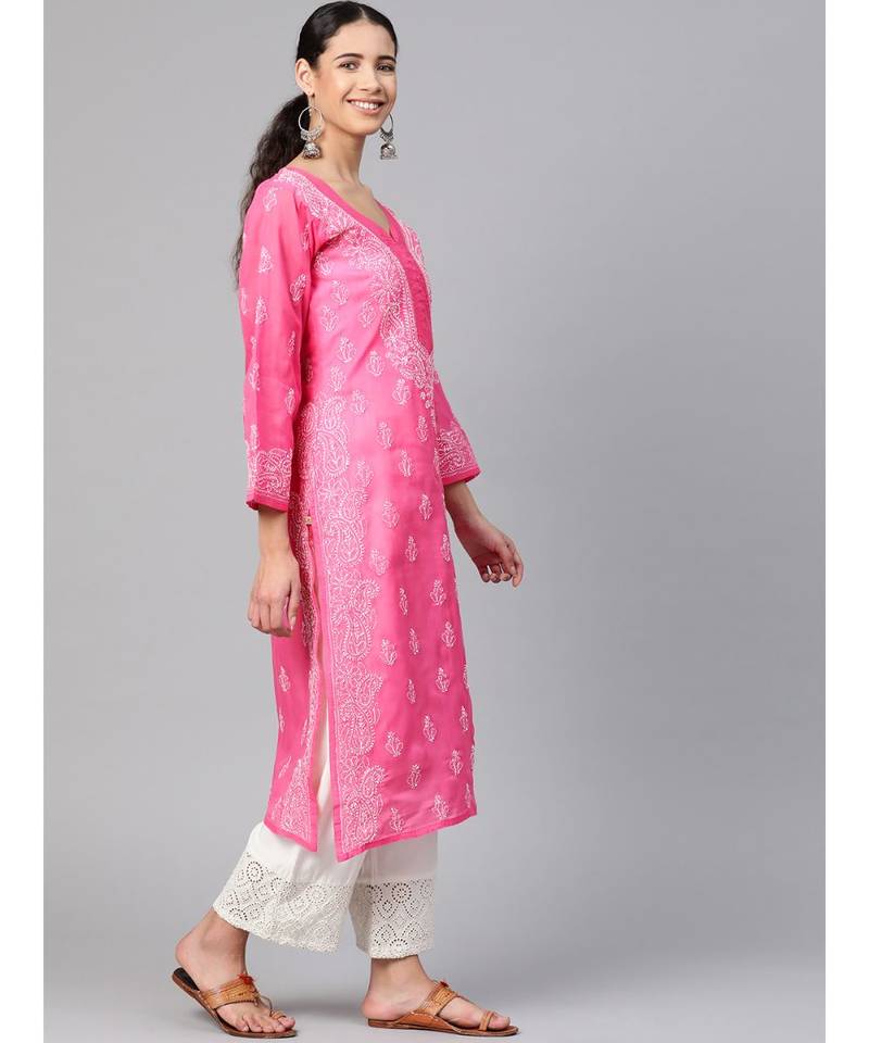 Ada Hand Embroidered Pink Cotton Lucknow Chikankari Women Kurta - A100354