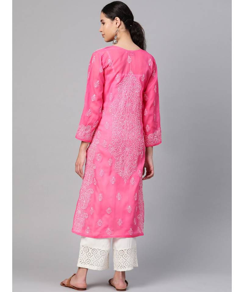 Ada Hand Embroidered Pink Cotton Lucknow Chikankari Women Kurta - A100354