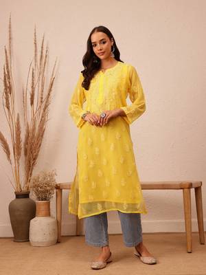 Hand Embroidered Yellow Faux Georgette Lucknowi Chikankari Women Kurta With Slip 2
