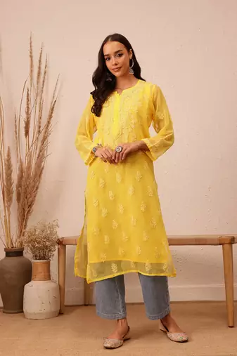 Hand Embroidered Yellow Faux Georgette Lucknowi Chikankari Women Kurta With Slip